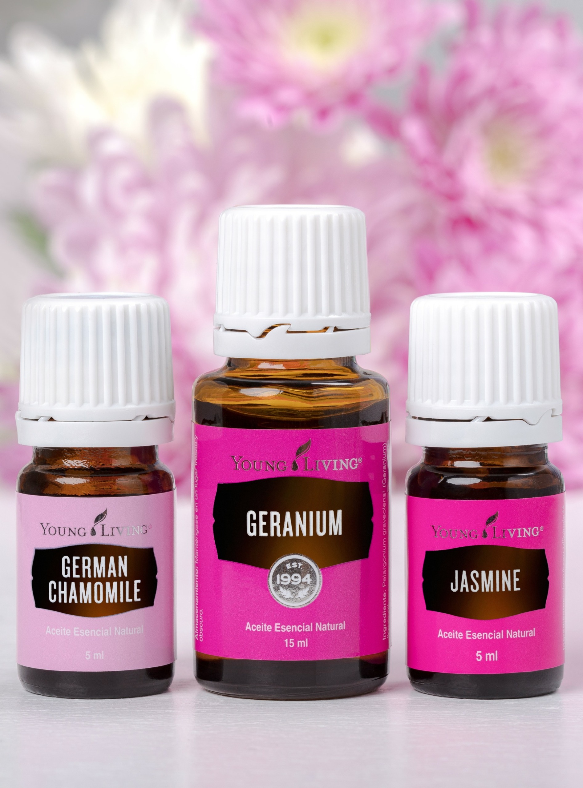 Flower essential oils - German Chamomile, Geranium, Jasmine 