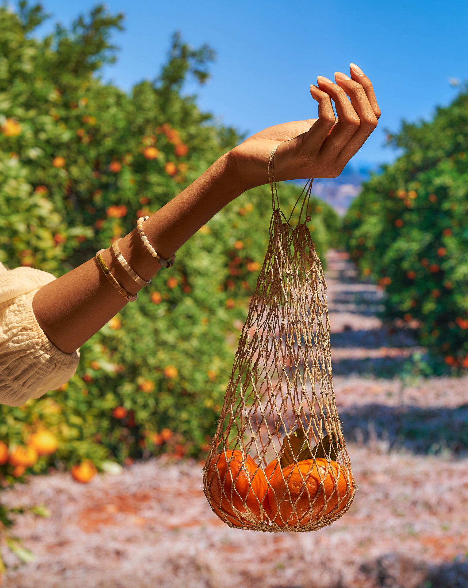 Woman holding bag of fresh oranges in orchard - Young Living Lavender Life Blog 