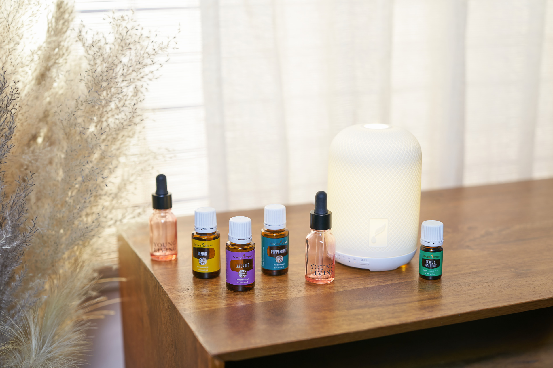 havenstarterbundle havenceramicdiffuser peace&calming and yl glassdropperbottle Essential oils on a desk