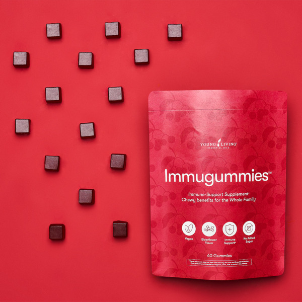 bag of immugummies with individual gummies next to the bag